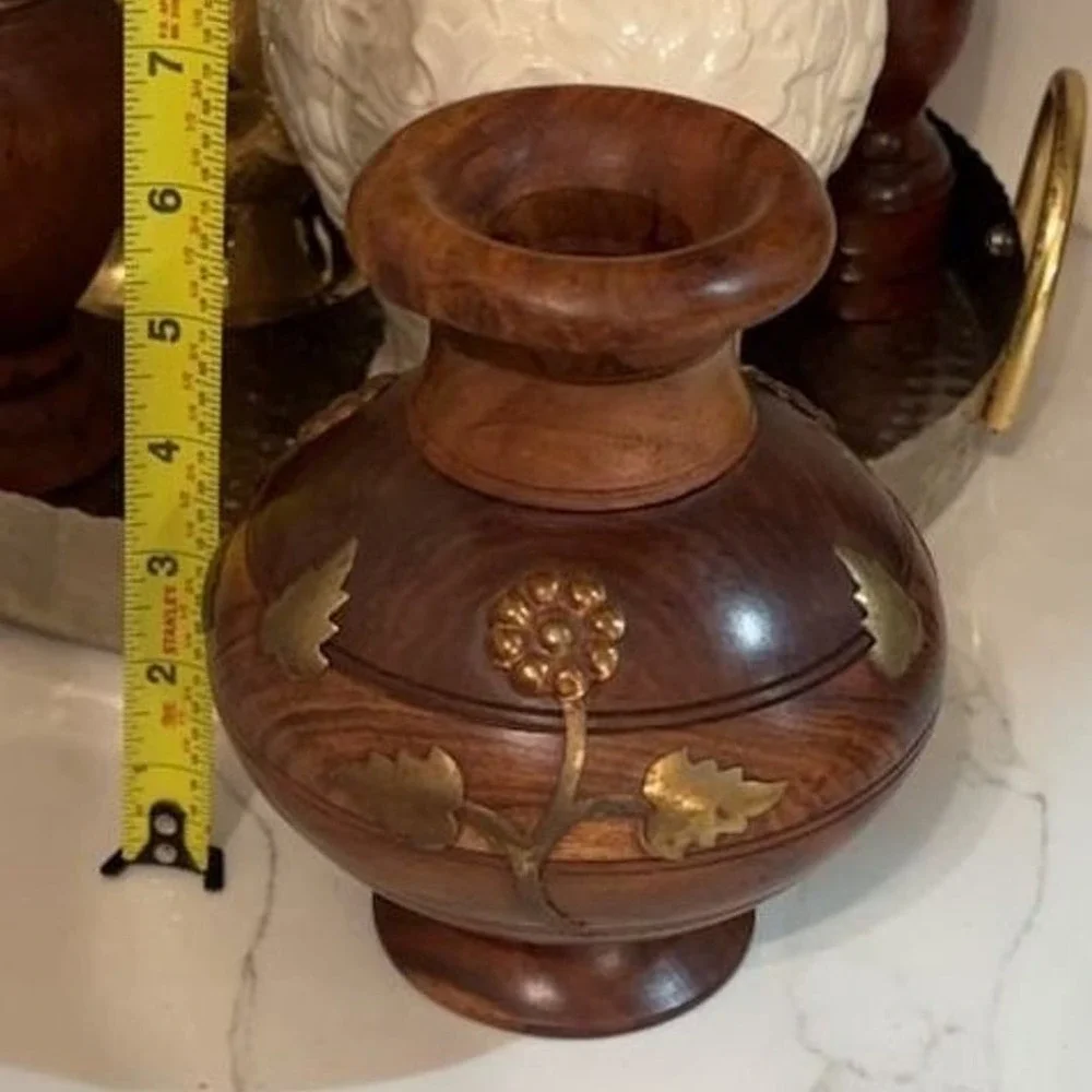 Vintage Handcrafted Wood and Brass Inlay Floral Vase